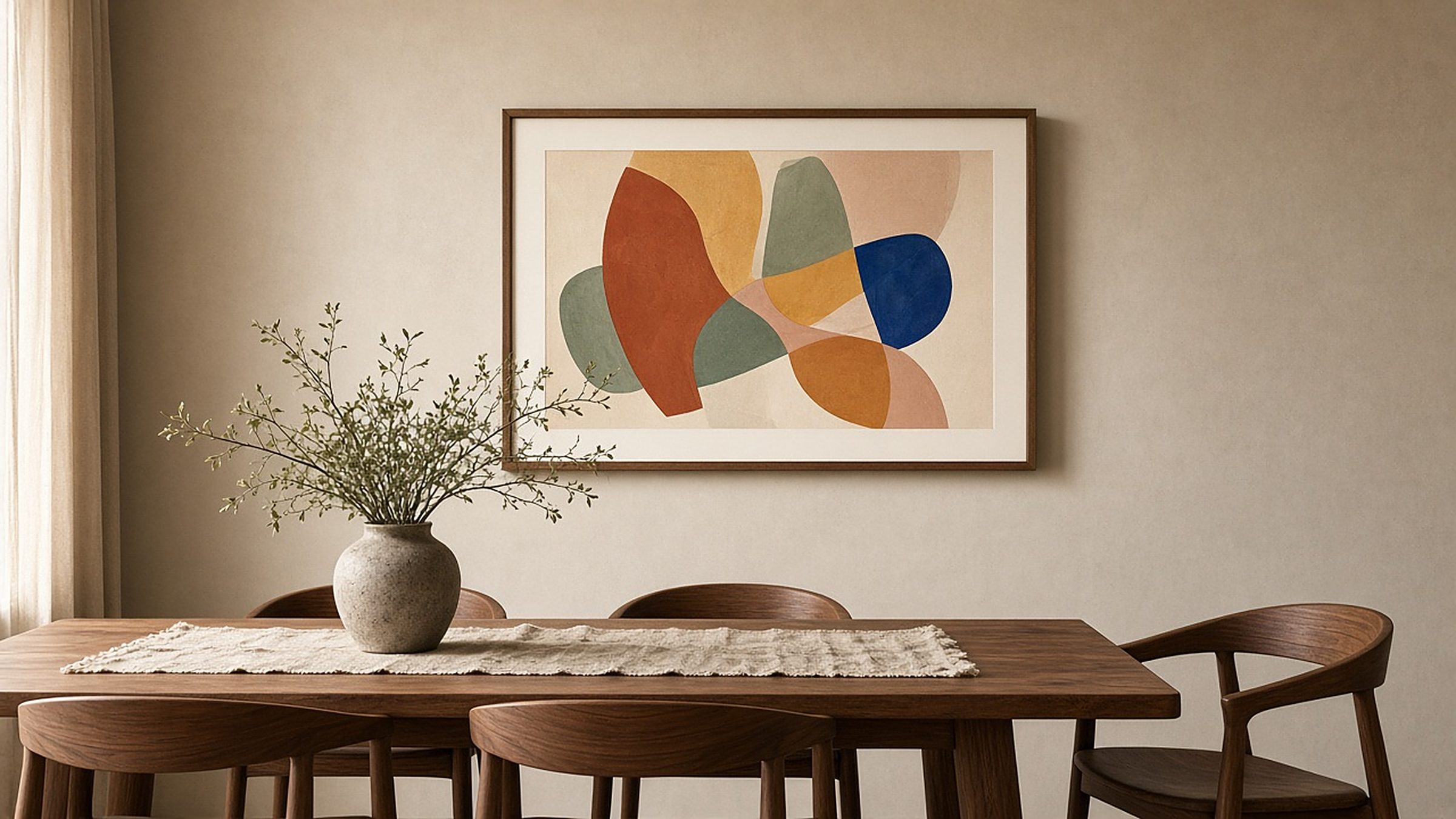 Dining room with eFrame showing a warm abstract